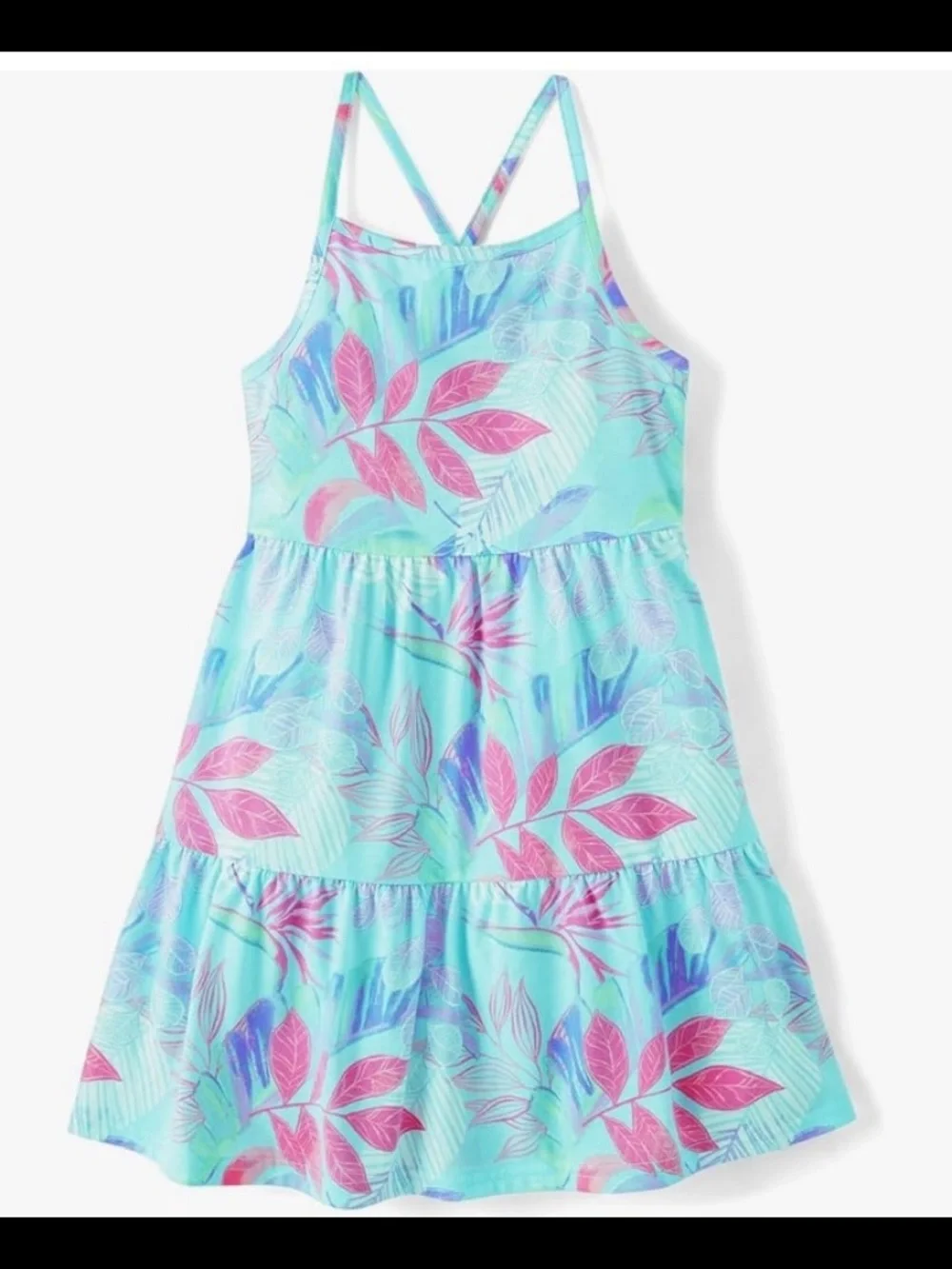 Girl's Tropical Leaf Print Sundress in Aqua and Pink size large NWT